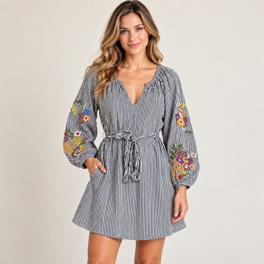 Feather Bone Embroidered Stripe Mini Dress Cottagecore M Gray Linen Blend Tunic